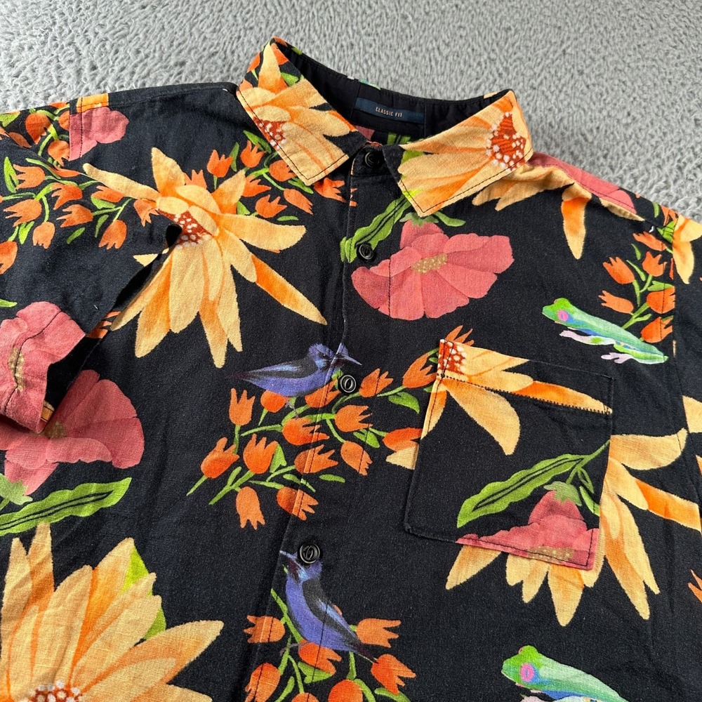 Roark Shirt Mens S Black Floral Short Sleeve Button Up Cotton Linen Pocket